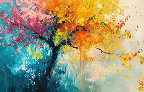 Autumn, leaves, branches, nature, tree, paint, foliage, picture