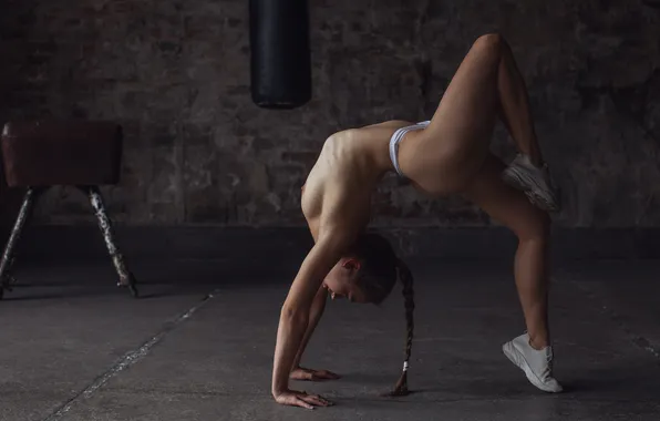 Chest, girl, pose, hands, figure, braid, legs, on the floor