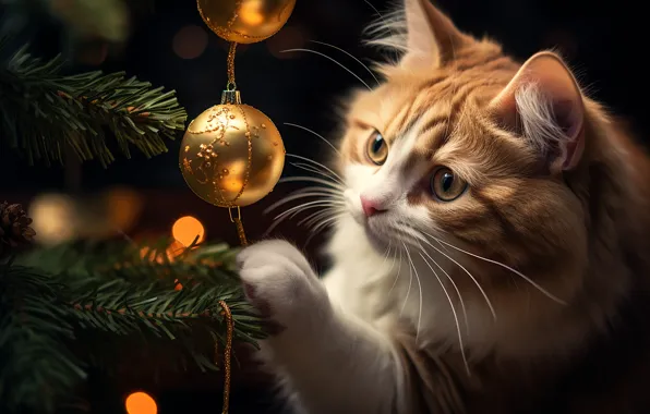 Cat, cat, look, balls, branches, pose, interest, kitty
