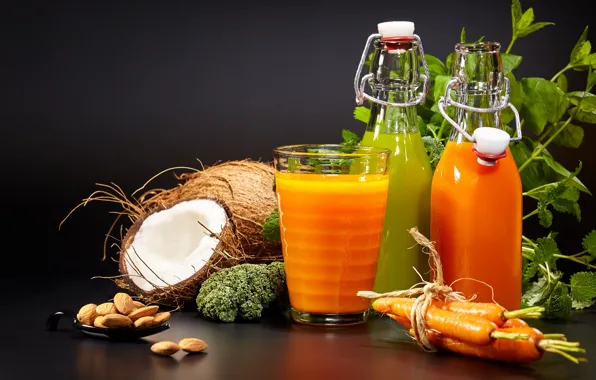 Coconut, juice, drink, mint, carrots, nuts, broccoli