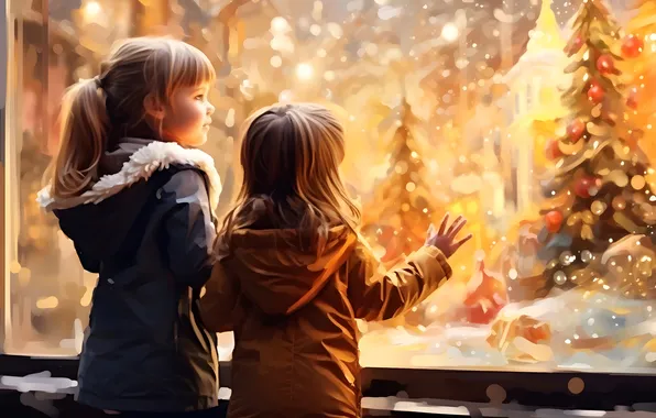 Children, Christmas, New year, Tree, Two, Girls, Gifts, Digital art