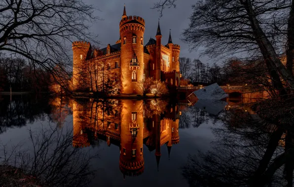 The sky, water, trees, lights, pond, Park, reflection, castle