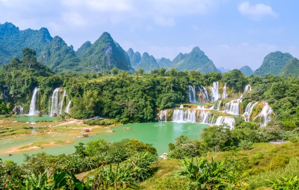 Trees, landscape, nature, waterfall, China