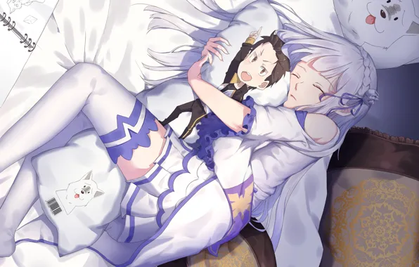 Girl, art, sleeping, pillow, Subaru, Emilia, Re: Zero kara hajime chip isek or Seikatsu