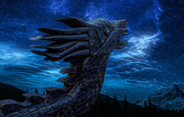Forest, face, stars, clouds, mountains, night, rendering, fantasy