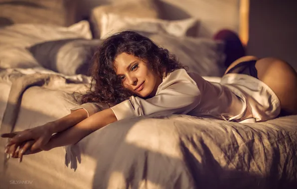 Ass, look, girl, pose, smile, model, panties, pillow