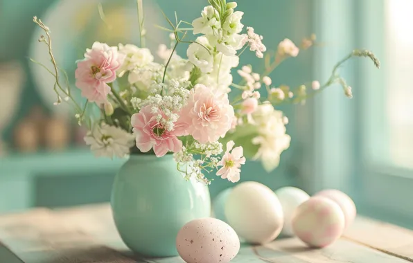 Flowers, holiday, eggs, bouquet, spring, Easter, AI art, universal holiday background