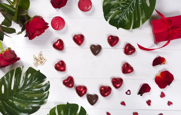 Flowers, red, gift, roses, bouquet, hearts, red, love