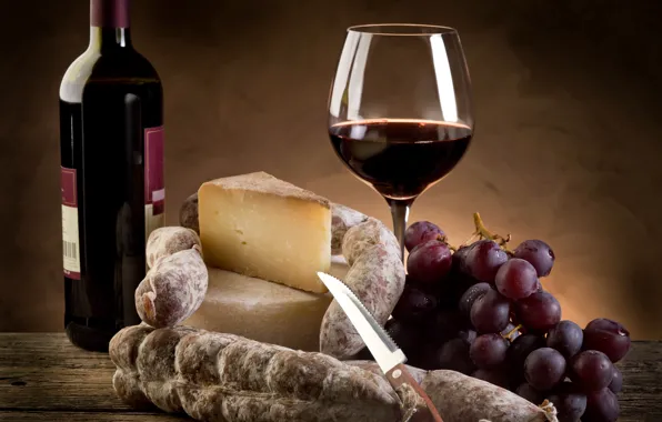 Wine, red, glass, bottle, cheese, grapes, knife, sausage