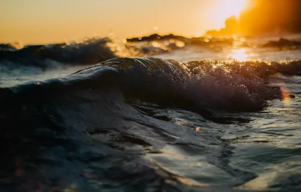 The sun, sunset, squirt, wave, bokeh