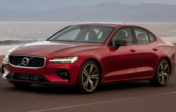 Road, sea, car, machine, Volvo, red, sedan, red