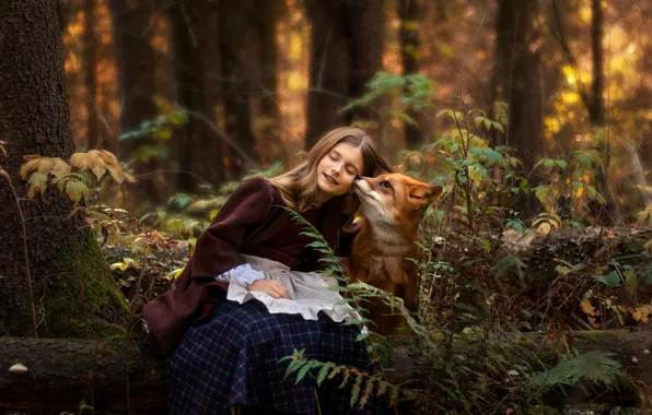 Forest, Fox, girl, friends, closed eyes, Anastasia Kartushina