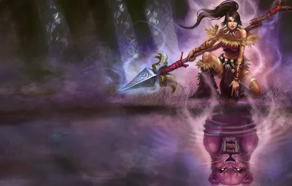 Forest, cat, girl, lake, reflection, predator, spear, League of Legends