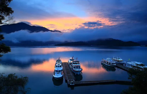 Picture the sky, clouds, mountains, lake, ships, the evening, pier