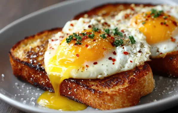 Greens, eggs, plate, bread, scrambled eggs, the yolk, sandwich, spices
