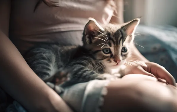 Cat, cat, look, girl, light, kitty, feet, together