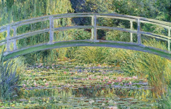 Trees, landscape, pond, Lily, picture, Claude Monet, Japanese Bridge