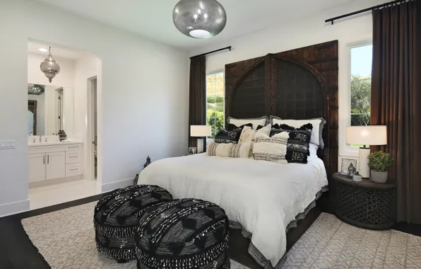 Room, furniture, Windows, bed, mirror, chandelier, bedroom