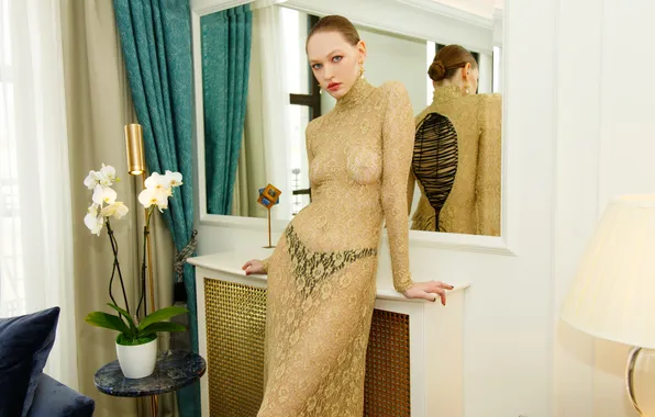Flowers, mirror, transparent dress, Sophie, standing, Marie Dashkova, a classy lady, stylish beauty