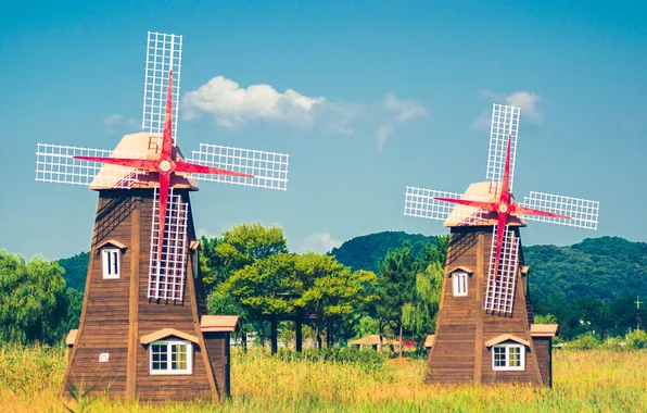 Field, clouds, trees, mill, mill, blue sky, windmills, windmill