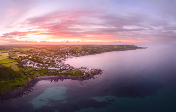 Sea, the sky, sunset, coast, field, home, horizon
