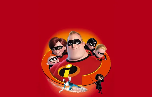 Picture fiction, cartoon, Disney, Pixar, poster, red background, characters, Incredibles 2
