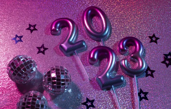 Balls, lights, holiday, Shine, sticks, figures, New year, pink