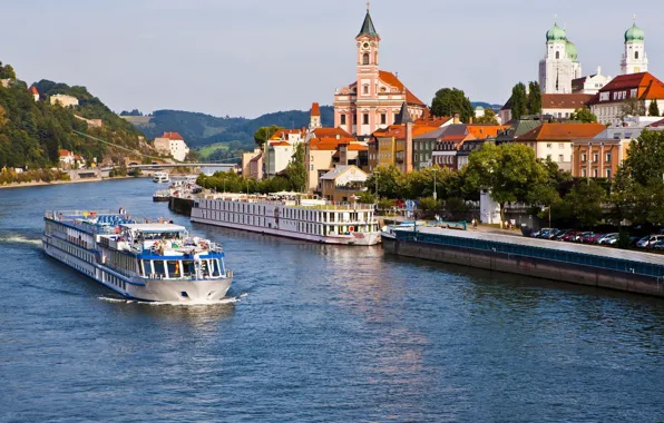 The city, river, tower, Germany, Bayern, The Danube, Passau, St. Stephen 's Cathedral
