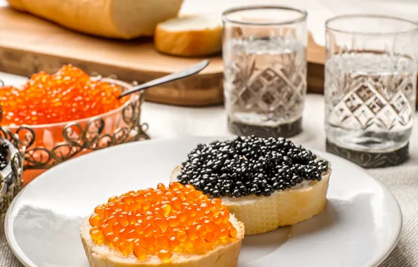 Table, plate, bread, spoon, black, Board, vodka, red