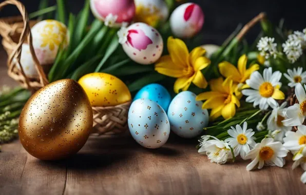 Picture flowers, eggs, spring, colorful, Easter, happy, flowers, spring