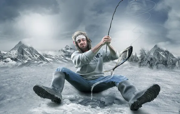 Winter, man, humor, fisherman, cutting, biting