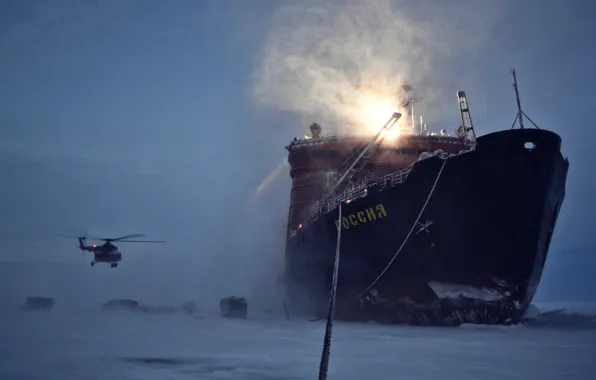 Winter, Ice, Helicopter, Icebreaker, The ship, Russia, Ice, Spotlight
