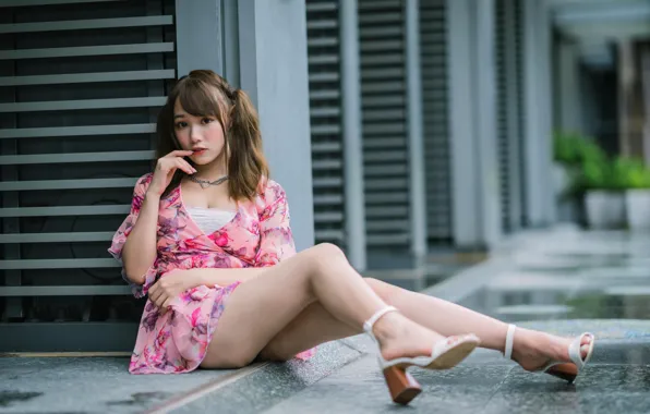 Picture look, pose, neckline, legs, Asian, gesture, sandals