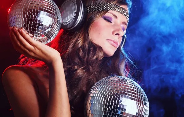 Girl, music, headphones, girl, Music, headphones, Disco Ball, The discus thrower