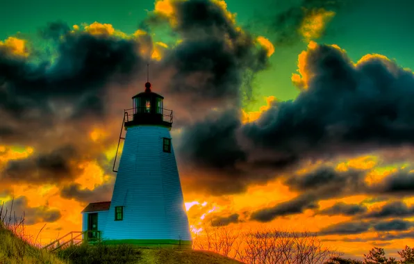 The sky, clouds, lighthouse, glow