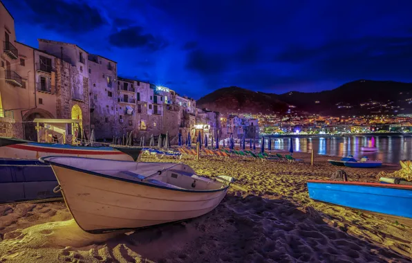 Sand, beach, night, lights, boat, home, Italy, Sicily