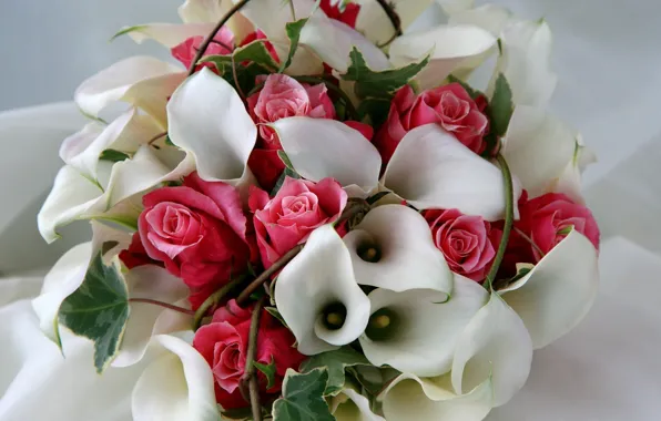 Picture flowers, roses, bouquet, composition, Calla lilies