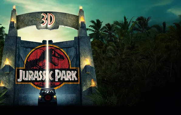 Machine, auto, palm trees, fiction, gate, poster, Jurassic Park, Jurassic Park