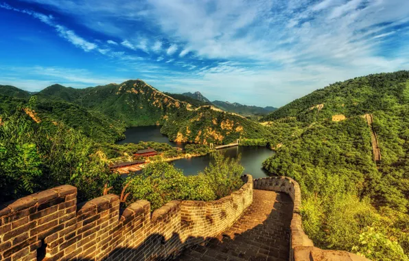 Landscape, mountains, nature, river, wall, vegetation, China, The great wall of China