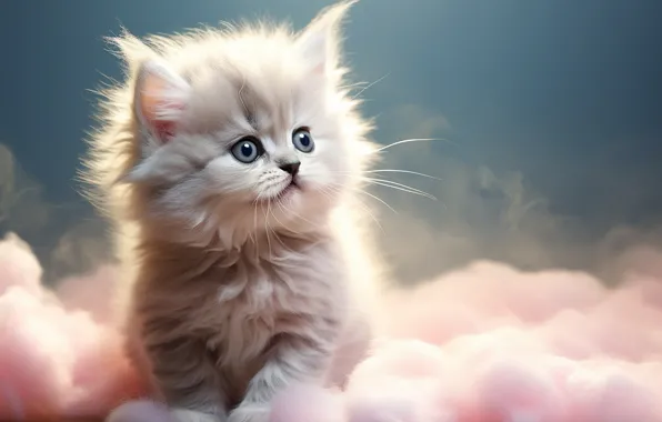 Cat, look, clouds, fog, kitty, grey, couples, cute