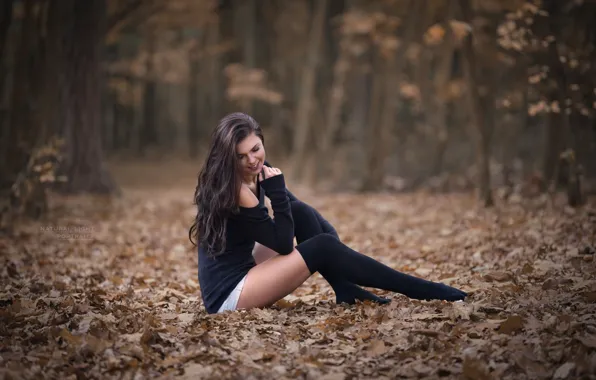 Autumn, forest, girl, smile, foliage, stockings