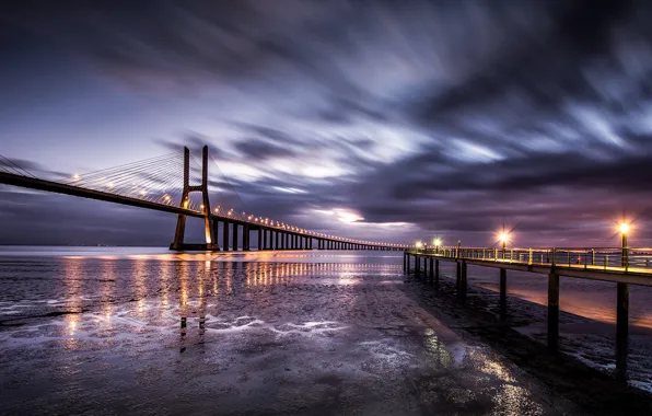 Picture the sky, clouds, bridge, lights, coast, excerpt, Portugal, in the morning