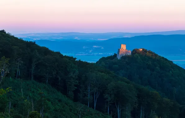 Forest, trees, landscape, nature, hills, sunrise, ruins, castle