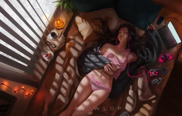 Girl, headphones, sleeping, laptop, WLOP