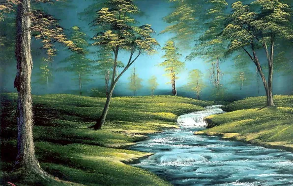 Picture forest, grass, water, trees, landscape, stream, picture, painting