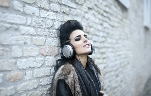 Music, music, headphones, brunette, shadows, headphones, brick wall, brunette