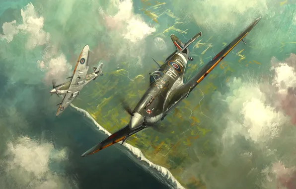 Clouds, Aircraft, Flight, Picture, Britain, Art, Supermarine Spitfire, English artist