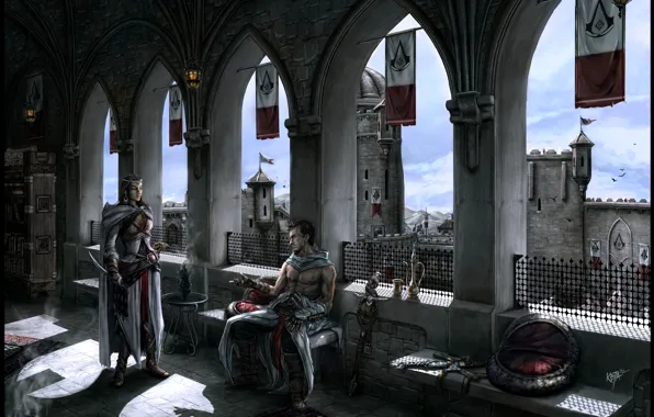 Picture girl, man, Altair, assassin, Masyaf, Assassins Creed - Altair and Adha