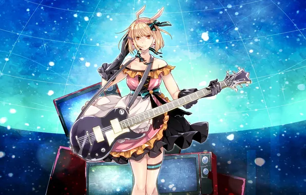 Look, girl, guitar, headphones, TV, art, toudou charo