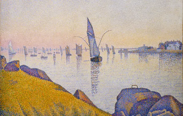 Sea, the sky, stones, boat, figure, home, picture, sail